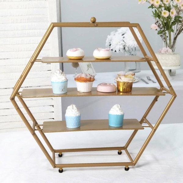 Display Racks & Pillars |   21″ Matte Gold Metal 3-Tier Cupcake Stand, Hexagon Dessert Holder, Appetizer Display Display Racks & Pillars Display Racks & Pillars