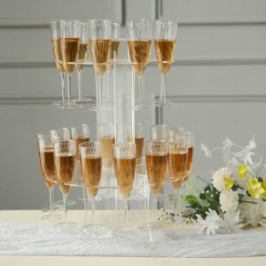 Display Racks & Pillars |   3-Tier Round Clear 21″ Acrylic Champagne Glasses Flutes Display Stand, Wine Glass Rack Tower – Holds 23 Stemware + 1 Bottle Display Racks & Pillars Clear