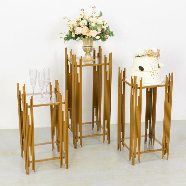 Display Racks & Pillars |   Set of 3 Gold Metal Plinths Cake Table Pedestal Stands With Square Acrylic Plates, Wedding Props Flower Display Stands – 26″,30″,34″ Display Racks & Pillars Display Racks & Pillars