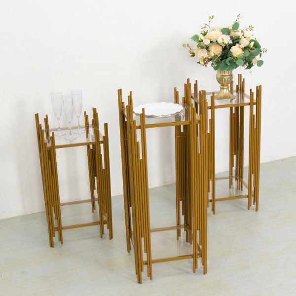 Display Racks & Pillars |   Set of 3 Gold Metal Plinths Cake Table Pedestal Stands With Square Acrylic Plates, Wedding Props Flower Display Stands – 26″,30″,34″ Display Racks & Pillars Display Racks & Pillars