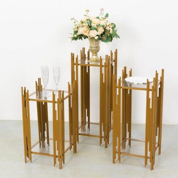 Display Racks & Pillars |   Set of 3 Gold Metal Plinths Cake Table Pedestal Stands With Square Acrylic Plates, Wedding Props Flower Display Stands – 26″,30″,34″ Display Racks & Pillars Display Racks & Pillars