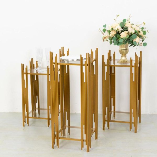 Display Racks & Pillars |   Set of 3 Gold Metal Plinths Cake Table Pedestal Stands With Square Acrylic Plates, Wedding Props Flower Display Stands – 26″,30″,34″ Display Racks & Pillars Display Racks & Pillars