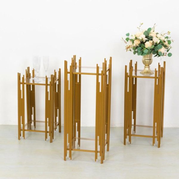 Display Racks & Pillars |   Set of 3 Gold Metal Plinths Cake Table Pedestal Stands With Square Acrylic Plates, Wedding Props Flower Display Stands – 26″,30″,34″ Display Racks & Pillars Display Racks & Pillars