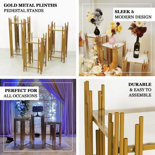 Display Racks & Pillars |   Set of 3 Gold Metal Plinths Cake Table Pedestal Stands With Square Acrylic Plates, Wedding Props Flower Display Stands – 26″,30″,34″ Display Racks & Pillars Display Racks & Pillars