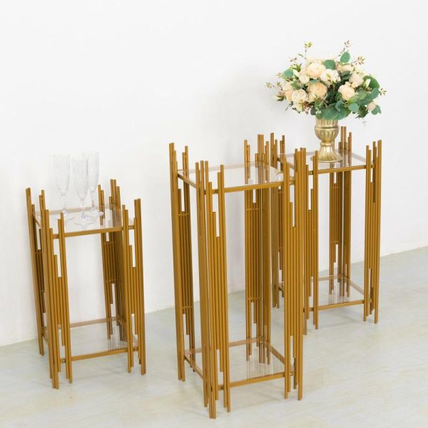 Display Racks & Pillars |   Set of 3 Gold Metal Plinths Cake Table Pedestal Stands With Square Acrylic Plates, Wedding Props Flower Display Stands – 26″,30″,34″ Display Racks & Pillars Display Racks & Pillars