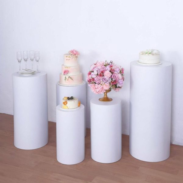 Display Racks & Pillars |   Set of 5 White Metal Cylinder Prop Pedestal Stands Backdrop Decor, Round Plinth Pillar Display Boxes Display Racks & Pillars Display Racks & Pillars