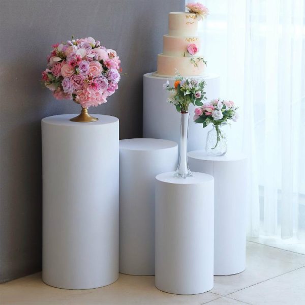 Display Racks & Pillars |   Set of 5 White Metal Cylinder Prop Pedestal Stands Backdrop Decor, Round Plinth Pillar Display Boxes Display Racks & Pillars Display Racks & Pillars