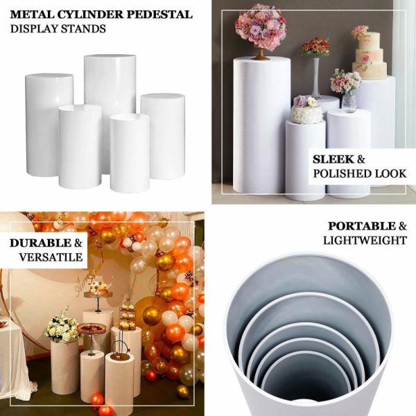 Display Racks & Pillars |   Set of 5 White Metal Cylinder Prop Pedestal Stands Backdrop Decor, Round Plinth Pillar Display Boxes Display Racks & Pillars Display Racks & Pillars