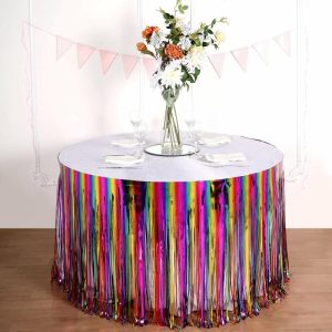 Disposable Table Cover |   29″x 9ft Rainbow Metallic Tinsel Foil Fringe Table Skirt, Self Adhesive Tinsel Table Skirt Disposable Table Cover Disposable Table Cover