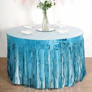 Disposable Table Cover |   30″x9ft Blue Metallic Foil Fringe Table Skirt, Self Adhesive Tinsel Table Skirt Disposable Table Cover Blue