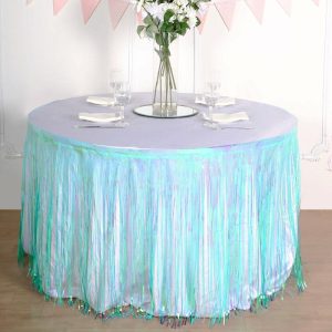 Disposable Table Cover |   30″x9ft Iridescent Blue Metallic Foil Fringe Table Skirt, Self Adhesive Tinsel Table Skirt Disposable Table Cover Disposable Table Cover