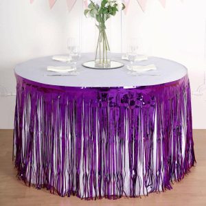 Disposable Table Cover |   30″x9ft Purple Metallic Foil Fringe Table Skirt, Self Adhesive Tinsel Table Skirt Disposable Table Cover Disposable Table Cover