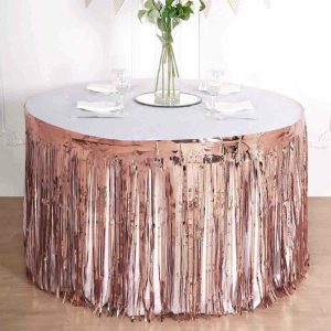 Disposable Table Cover |   30″x9ft Rose Gold Metallic Foil Fringe Table Skirt, Self Adhesive Tinsel Table Skirt Disposable Table Cover Disposable Table Cover