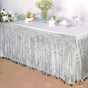 Disposable Table Cover |   30″x9ft Silver Metallic Foil Fringe Table Skirt, Self Adhesive Tinsel Table Skirt Disposable Table Cover Disposable Table Cover