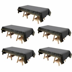 Disposable Table Cover |   5 Pack Black Rectangle Plastic Table Covers with Gold Confetti Dots, 54″x108″ PVC Waterproof Disposable Tablecloths Disposable Table Cover Disposable Table Cover