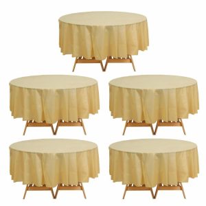 Disposable Table Cover |   5 Pack Gold Round Plastic Table Covers, 84″ PVC Waterproof Disposable Tablecloths Disposable Table Cover Disposable Table Cover