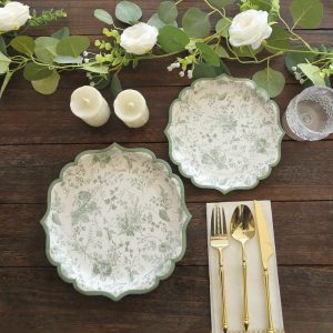 Eco-Friendly Tableware |   25 Pack Sage Green Disposable Party Plates in French Toile Floral Pattern, 10″ Paper Dinner Plates with Scalloped Rims – 300 GSM Eco-Friendly Tableware Eco-Friendly Tableware