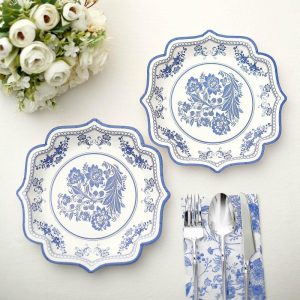 Eco-Friendly Tableware |   25 Pack White Blue Disposable Dessert Plates in French Toile Floral Pattern, 8″ Salad Appetizer Paper Plates with Scalloped Rims – 300 GSM Eco-Friendly Tableware chinoiserie