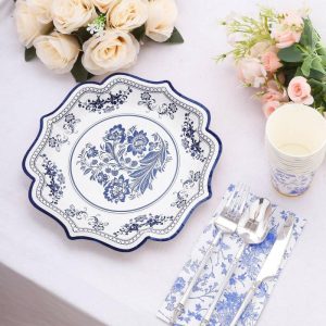 Eco-Friendly Tableware |   25 Pack White Blue Disposable Party Plates in French Toile Floral Pattern, 10″ Paper Dinner Plates with Scalloped Rims – 300 GSM Eco-Friendly Tableware chinoiserie