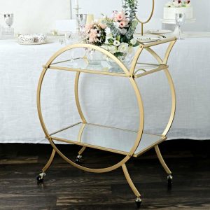 Event Furnitures |   2.5ft Tall Gold Metal 2-Tier Bar Cart Mirror Serving Tray Kitchen Trolley, Round Teacart Island Cart for Events Event Furnitures Event Furnitures