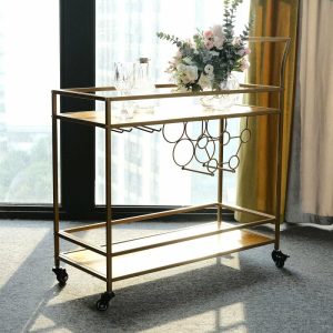 Event Furnitures |   3ft Gold Metal 2-Tier Bar Cart Wine Rack With Wooden Serving Trays, Kitchen Trolley with 5 Wine Bottles and 2 Wine Glass Holder Rack for Events Event Furnitures Event Furnitures