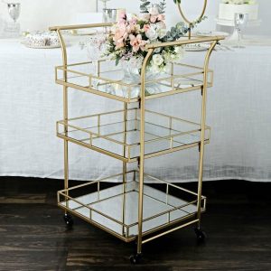 Event Furnitures |   3ft Tall Gold Metal 3-Tier Bar Cart Mirror Serving Tray Kitchen Trolley, Teacart Island Trolley for Events Event Furnitures Event Furnitures