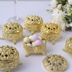 Favor Jars & Containers |   12 Pack 2.5″ Metallic Gold Vintage Plastic Wedding Favor Boxes, Round Party Gift Candy Containers Favor Jars & Containers Favor Jars & Containers