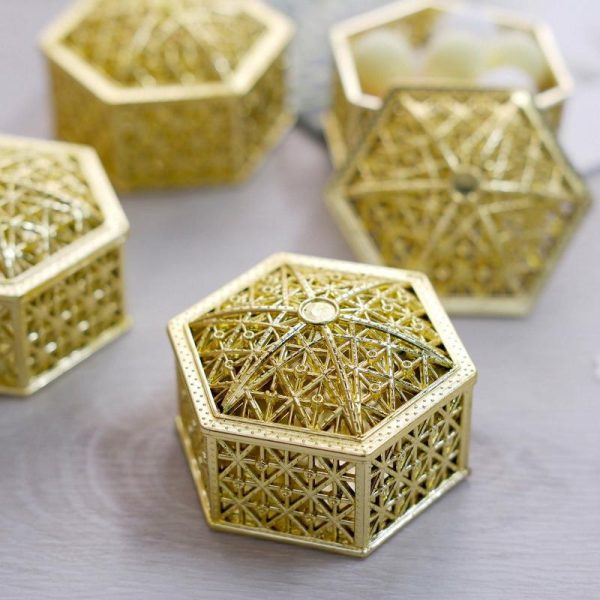 Favor Jars & Containers |   12 Pack 3″ Gold Vintage Hexagon Party Favor Jewelry Boxes, Hollow Gift Box Candy Containers Favor Jars & Containers Favor Jars & Containers