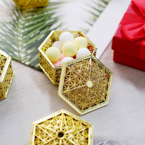 Favor Jars & Containers |   12 Pack 3″ Gold Vintage Hexagon Party Favor Jewelry Boxes, Hollow Gift Box Candy Containers Favor Jars & Containers Favor Jars & Containers