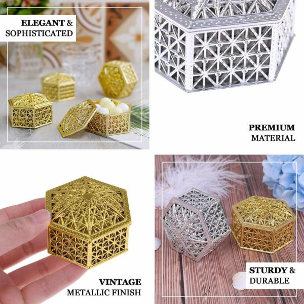 Favor Jars & Containers |   12 Pack 3″ Gold Vintage Hexagon Party Favor Jewelry Boxes, Hollow Gift Box Candy Containers Favor Jars & Containers Favor Jars & Containers