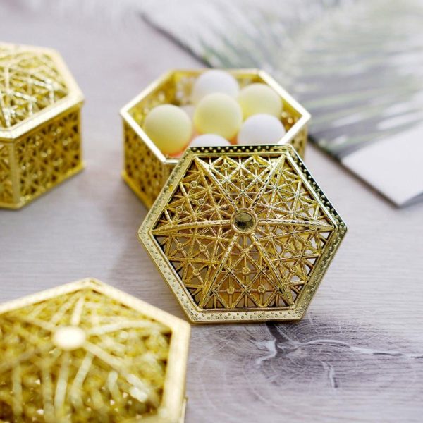 Favor Jars & Containers |   12 Pack 3″ Gold Vintage Hexagon Party Favor Jewelry Boxes, Hollow Gift Box Candy Containers Favor Jars & Containers Favor Jars & Containers