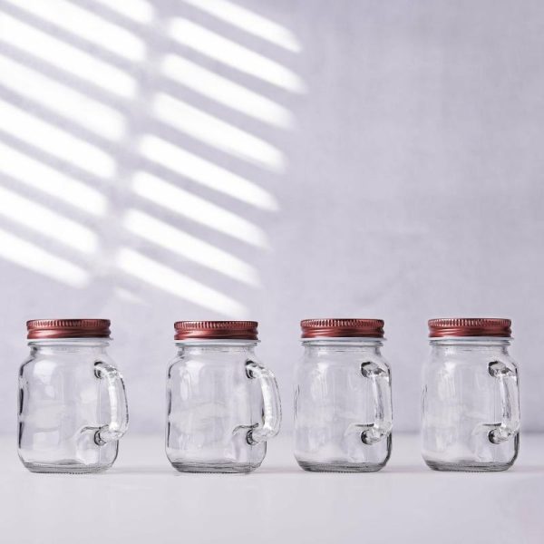 Favor Jars & Containers |   4 Pack 4oz Rustic Clear Glass Mason Jars With Handles & Rose Gold Screw On Lids Favor Jars & Containers Favor Jars & Containers