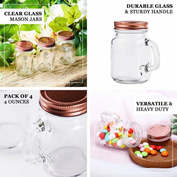 Favor Jars & Containers |   4 Pack 4oz Rustic Clear Glass Mason Jars With Handles & Rose Gold Screw On Lids Favor Jars & Containers Favor Jars & Containers