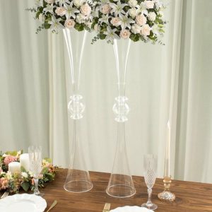 Floor Vase & Candelabra |   2 Pack 31″ Clear Crystal Embellishment Trumpet Flower Vase, Reversible Plastic Table Centerpiece Event Props Clear