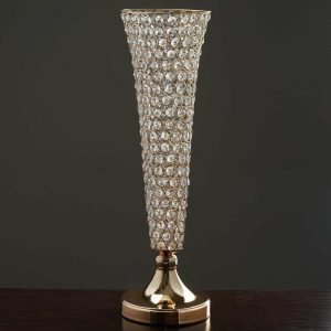 Floor Vase & Candelabra |   2 Pack Gold 22” Tall Crystal Beaded Trumpet Vase Set, Table Centerpiece Event Props Floor Vase & Candelabra