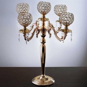 Floor Vase & Candelabra |   25″ Tall 5 Arm Gold Crystal Beaded Globe Metal Candelabra Candle Holder Event Props Floor Vase & Candelabra