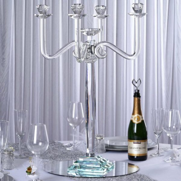 Floor Vase & Candelabra |   27″ 5 Arm Premium Crystal Glass Taper Candle Holder Candelabra Stand Event Props Floor Vase & Candelabra