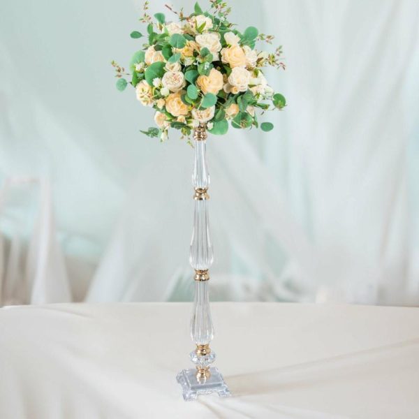 Floor Vase & Candelabra |   32″ Gold Clear Acrylic Crystal Flower Bowl Pedestal Stand, Pillar Candle Holder Wedding Table Centerpiece Event Props Floor Vase & Candelabra