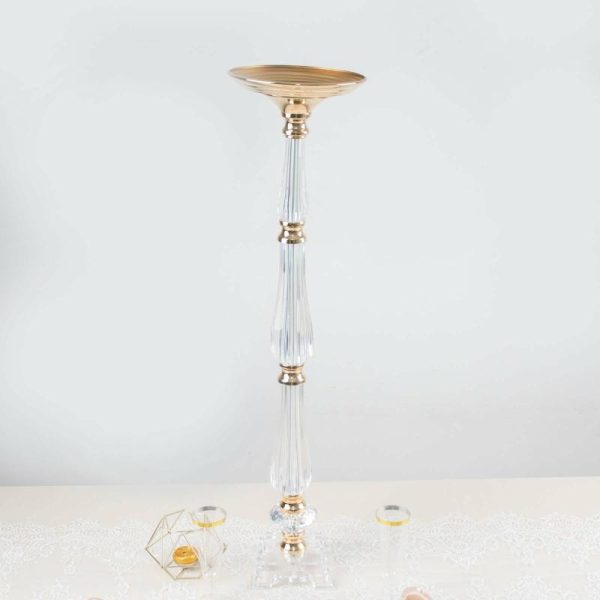 Floor Vase & Candelabra |   32″ Gold Clear Acrylic Crystal Flower Bowl Pedestal Stand, Pillar Candle Holder Wedding Table Centerpiece Event Props Floor Vase & Candelabra