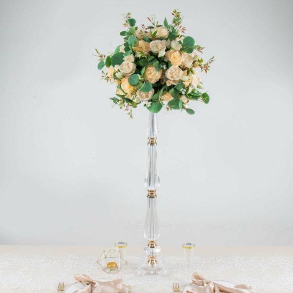 Floor Vase & Candelabra |   32″ Gold Clear Acrylic Crystal Flower Bowl Pedestal Stand, Pillar Candle Holder Wedding Table Centerpiece Event Props Floor Vase & Candelabra