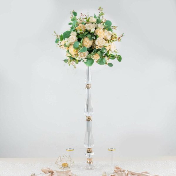 Floor Vase & Candelabra |   32″ Gold Clear Acrylic Crystal Flower Bowl Pedestal Stand, Pillar Candle Holder Wedding Table Centerpiece Event Props Floor Vase & Candelabra