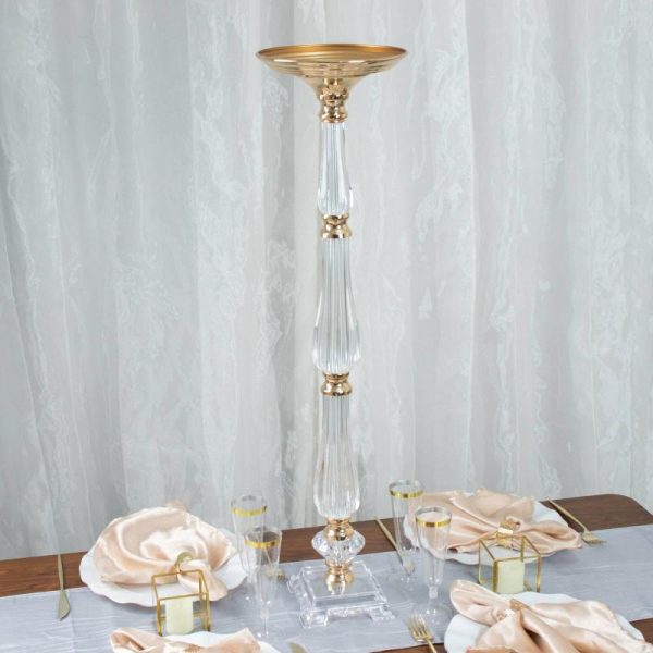 Floor Vase & Candelabra |   32″ Gold Clear Acrylic Crystal Flower Bowl Pedestal Stand, Pillar Candle Holder Wedding Table Centerpiece Event Props Floor Vase & Candelabra