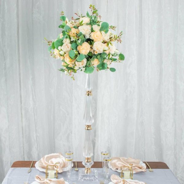 Floor Vase & Candelabra |   32″ Gold Clear Acrylic Crystal Flower Bowl Pedestal Stand, Pillar Candle Holder Wedding Table Centerpiece Event Props Floor Vase & Candelabra