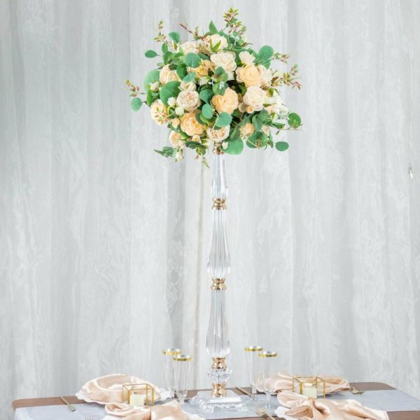 Floor Vase & Candelabra |   32″ Gold Clear Acrylic Crystal Flower Bowl Pedestal Stand, Pillar Candle Holder Wedding Table Centerpiece Event Props Floor Vase & Candelabra