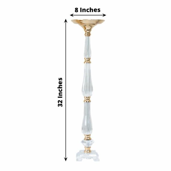 Floor Vase & Candelabra |   32″ Gold Clear Acrylic Crystal Flower Bowl Pedestal Stand, Pillar Candle Holder Wedding Table Centerpiece Event Props Floor Vase & Candelabra