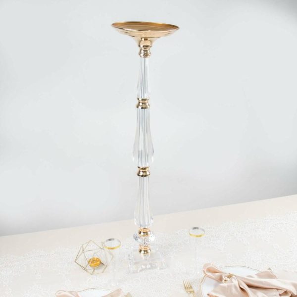 Floor Vase & Candelabra |   32″ Gold Clear Acrylic Crystal Flower Bowl Pedestal Stand, Pillar Candle Holder Wedding Table Centerpiece Event Props Floor Vase & Candelabra