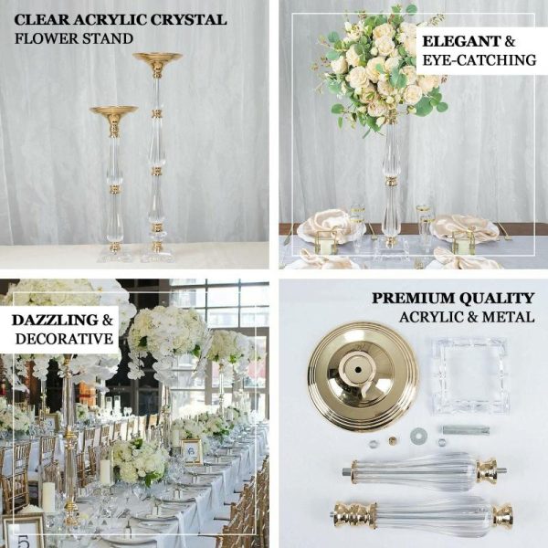 Floor Vase & Candelabra |   32″ Gold Clear Acrylic Crystal Flower Bowl Pedestal Stand, Pillar Candle Holder Wedding Table Centerpiece Event Props Floor Vase & Candelabra