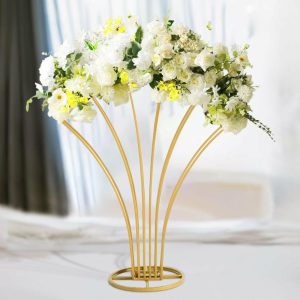 Floor Vase & Candelabra |   32″ Tall Gold Metal Wire Scalloped Fan Shape Flower Frame Stand, Floral Display Wedding Centerpiece Event Props Floor Vase & Candelabra