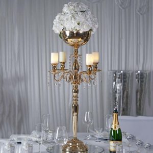 Floor Vase & Candelabra |   33″ Gold Metal 4 Arm Candelabra Votive Candle Holder, Flower Vase Bowl Event Props Floor Vase & Candelabra