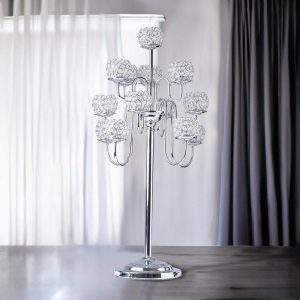 Floor Vase & Candelabra |   40″ Tall 13 Arm Silver Metal Crystal Beaded Candelabra Candle Holders, Goblet Votive Candle Holders Event Props Floor Vase & Candelabra